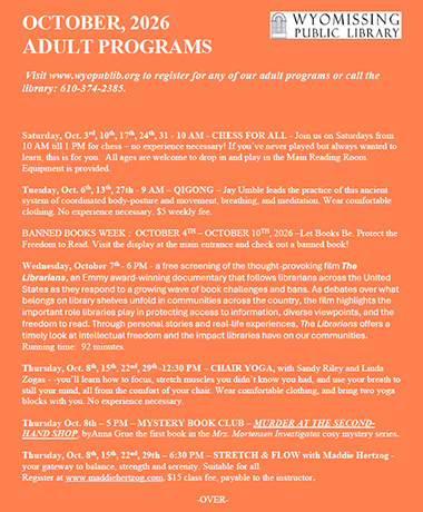 Monthly calendar for adult programs in PDF format