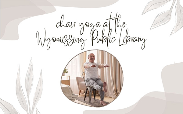 Graphic showing a man practicing chair yoga