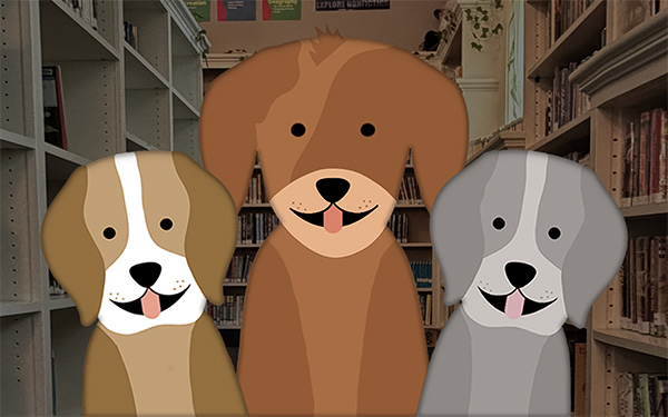 A graphic showing three cartoon dogs over a background of books on library shelves